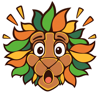The Dutch-Smart mascot, a surprised lion head with a mane of leaves